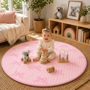47”X47” Pure Linen Quilted Infant Cotton Round Rug Foldable Cozy Cushioning Sleep Baby Crawling Mat for Kids