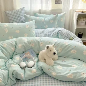 4PCS Cute Printed Soft Brushed Washed Cotton Bedsheet Duvet Cover Bedding Set