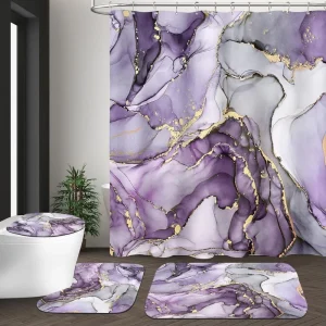 4Pcs Luxury Purple Marble Pattern Polyester Waterproof Shower Curtain Set 12 Hooks Non Slip Rugs Toilet Lid Cover Bath Mat