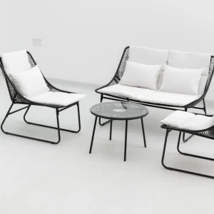 4Pcs PE Rattan Outdoor Conversation Set Curved Back Sled Base Metal Frame Patio Sofa with Tempered Glass Coffee Table