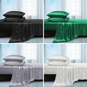4Pcs Ultra Soft Satin Bed Sheet Set 1 Flat + 1 Fitted + 2 Pillowcases Wrinkle Resistant Customizable