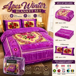 4Pieces Winter Raschel Blanket Bedding Set Cobertor Plush Blanket Flat Sheet Pillowcases Ready Stock