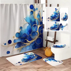 4pc Blue Gold Abstract Art Pattern Polyester Bathroom Set Includes Shower Curtain Mat U Shaped Toilet Mat 3D Digital Printing