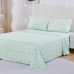 4pc Green Leaves Microfiber Bedding Set Fitted Flat Set