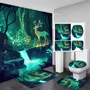 4pcs Enchanting Forest Deer Polyester Shower Curtain & Non Slip Bath Mat Set Waterproof Modern Design Bathroom Decor