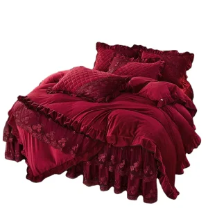 4pcs Home Full Size Bed Set Lace Velvet Embroidery 100% Polyester 400TC Comforter Duvet Cover Sets European American Style