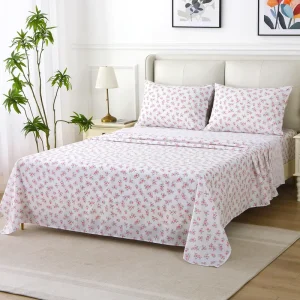 4pcs Luxury Pink Rose Printed Microfiber Bedding Set Fitted & Flat Sheet Combo