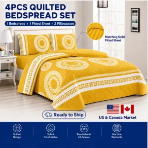 4pieces Quilted Bedspread Set with Fitted Sheet and Pillowcases Soft Coverlet Bedding Set for USA Market