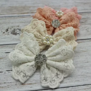 5 Inch Girls Embroidery Lace Decorative Bow Decorations Large Fabric Bows With Pearl Crystal