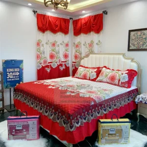 5 Pcs Quilt Bed Skirt Set Luxury 3D Lace Ruffles Bedskirt Bedding Set with Curtains Matching Set King Size