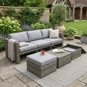5 Piece Mixed Grey PE Wicker Patio Sofa Set 3 Seat Outdoor Couch with Storage Coffee Table & Cushioned Ottoman