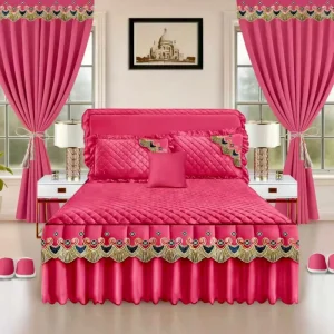 5 Piece Quilted Bed Skirt Set with Ruffled Lace Trim and Luxurious Embroidery Complete with Matching Curtains