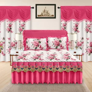 5 Piece Quilted Bed Skirt Set with Ruffled Lace Trim and Luxurious Embroidery Complete with Matching Curtains Latest Design