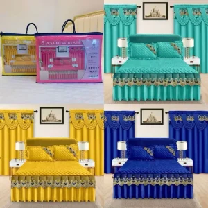 5 Pieces Quilted Bed Skirt Set 100% Cotton Bedspread Bedding Skirt Set with Curtains Printed Bedskirt Set