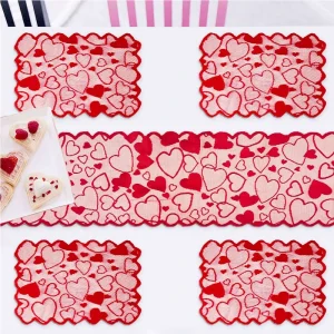 5 Pieces Set Valentine’s Day Lace Table Placemats Table Runner Set for Happy Valentines Day Party Dining Table Decor