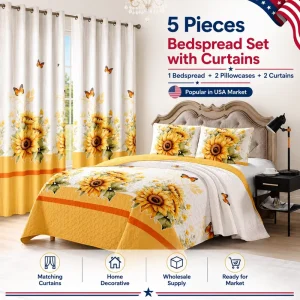 5 Pieces Ultrasonic Quilted Bedspread Set with Matching Curtains Floral King Size Bed Cover Set