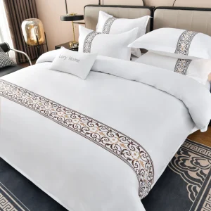 5 Star Hotel Bedding Sets 4PCS Luxury Cotton Duvet Cover Set with Elegant Embroidered Border