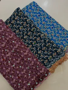 5 Yards African Cotton Lace Fabric with Heavy Multicolor Floral Embroidery Rhinestones Swiss Voile Fabric for Party Dresses