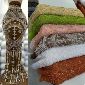 5 Yards African Pearl Beaded Sequin Lace Fabric Phoenix Tail Pattern Bugle Bead Mesh for Wedding Party Aso Ebi
