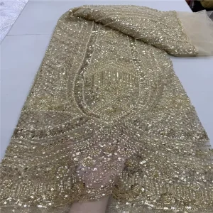 5 Yards Handmade Knitted 100% Acrylic Bead Tube Embroidery Mesh Fabric Dress Accessories with Beads and Sequins Lace