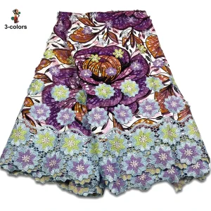 5 Yards Wax Print Lace Fabric African Wax Print Fabric with Applique and Embroidery Exquisite Lace 100% Cotton Dress
