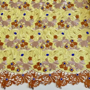 5 Yards Yellow Brown African Lace Fabric with Blue Rhinestones for Nigerian Wedding Accessories