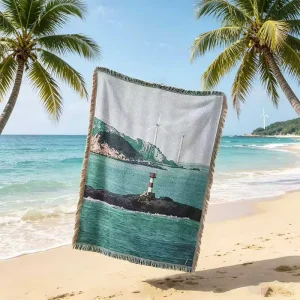50*60 Inch Jacquard Art Woven Throw Blanket Island Scenery Wall Hanging Tapestry, Bohemian Decorative Cover