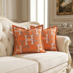 50x50cm Chenille H Monogram & Chain Link Throw Pillow Cover Orange for Sofa Bed & Living Room Decor
