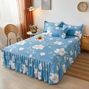 52design Floral Printed Double Layer Bed Shirt with Bilateral Skirt & 2 Pillowcases 500TC Thread Count Eco Friendly Bedding Set