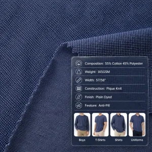 55% Cotton 45% Polyester 165GSM 57/58″ Mercerized Cotton Fabric Pique Knit Anti Pill for T Shirts Chef School Uniforms Curtains