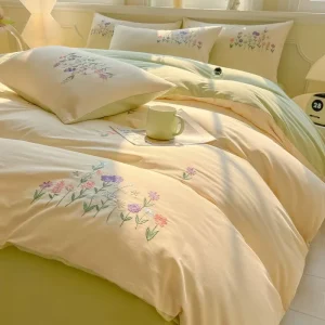 5PC Set Duvet Cover Bed Sheet Fitted Sheet Polyester Applique Embordty Bedding Set Flower