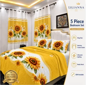 5PCS Bed Cover Set with Curtains Ultrasonic Quilted Bedspread Reversible Comforter Set for Bedroom Home Decoration