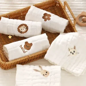 5pcs Baby Square 6-Layer Cotton Animal Embroidery Towel Set Handkerchief Face Towel Washcloth Burp Cloths Bathing & Feeding Bibs
