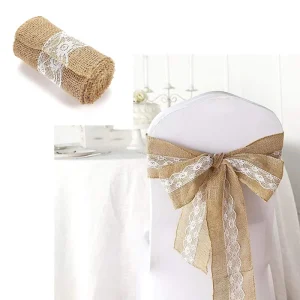 5×108 in Natural Burlap Chair Sash With White Floral Lace