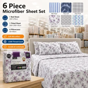 6 Piece King Size Bed Sheet Set Deep Pocket Fitted Sheet with 4 Pillowcases Printed Microfiber Sheet Set