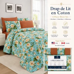 6 Piece Sheet Set Drap De Lit En Coton King Size Bed Sheet Set with 4 Pillowcases