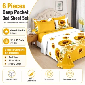 6 Pieces Queen and King Size Deep Pocket Fitted Printed Bed Sheet Bedding Set for the Living Room