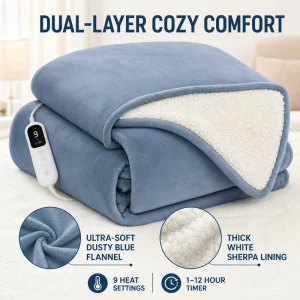 60*80 Soft Flannel Sherpa Reversible Electric Heating Throw Blanket 10 Heat 12 Timer Settings 8-Hour Auto-Shut ETL