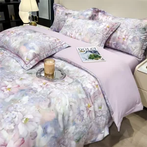 60% Lyocell + 40% Polyester Blend 4-Piece Duvet Cover Set Floral Digital Print Soft & Breathable for All-Season Comfort