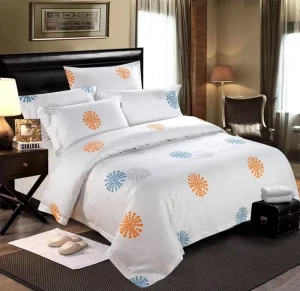 60S High Density Cotton Sateen Bedding 4pcs Set White Printed Quilt Cover & Sheet for Hotel & Home Use