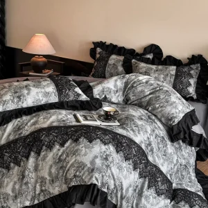 60S Jacquard 100% Cotton Plant Bedding Set French Lace Trim Soft Breathable Duvet Cover Set for Home Hotel Bedroom