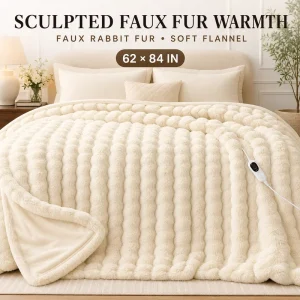62*84 Inch Plush Faux Rabbit Fur Flannel Dual Layer Heated Throw Blanket 5 Heat Settings Auto off Washable FCC ETL