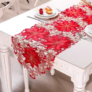 69Inch Christmas Embroidered Table Runner Poinsettia Holly Leaf Table Linen
