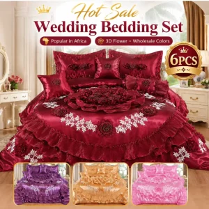 6pcs Bridal Comforter Set with Pillowcases Ruffle Bed Skirt Wedding Bedding Set
