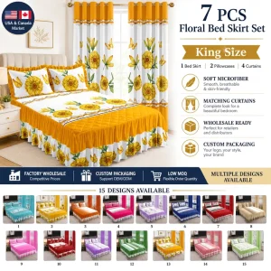 7 Piece Floral Microfiber Bed Skirt Bedding Set with Matching Curtains King Size