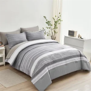 7 Piece Modern Bag Stripe White Grey Patchwork Striped Comforter Set All Season Soft Eco Friendly Microfiber Complete Bedding