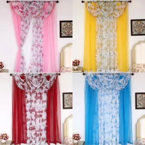 7 Pieces Floral Window Sheer Curtains Set With Valance Printed Cortinas Rideaux De Maison