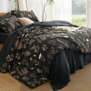7 piece Modern Breathable Soft All Season Comforter Set of Black Gold Floral Customizable with Custom Label Made Polyester Fiber