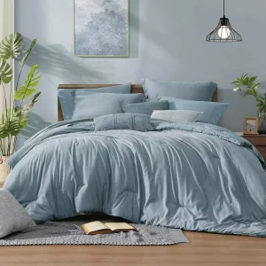 7 piece Modern Queen Size Light Blue Plasma Dyed Ultra Soft Breathable Comforter Set Quilts Duvet Covers Pillowcases