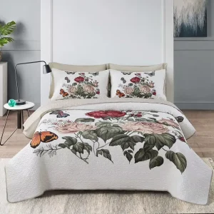 75gsm Premium Polyester Woven 3 Piece Cotton Filling Chinese Style Floral Pattern 200TC Bedspread Set Seamless Craft Bedding